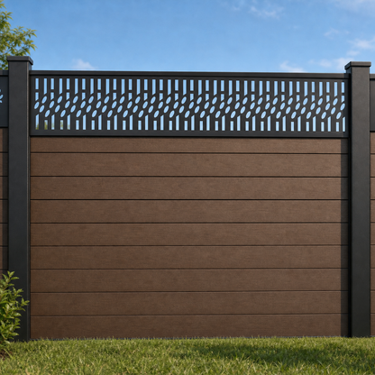 Fern Diagonal Lace metal fence topper installed above WPC composite privacy fence, front view, Design 017