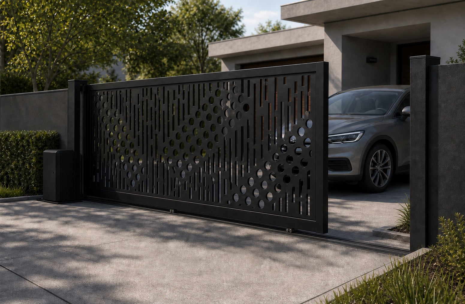 Design 017 modern metal automatic aluminium sliding driveway gate shown half open with car clearance