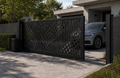 Design 017 modern metal automatic aluminium sliding driveway gate shown half open with car clearance