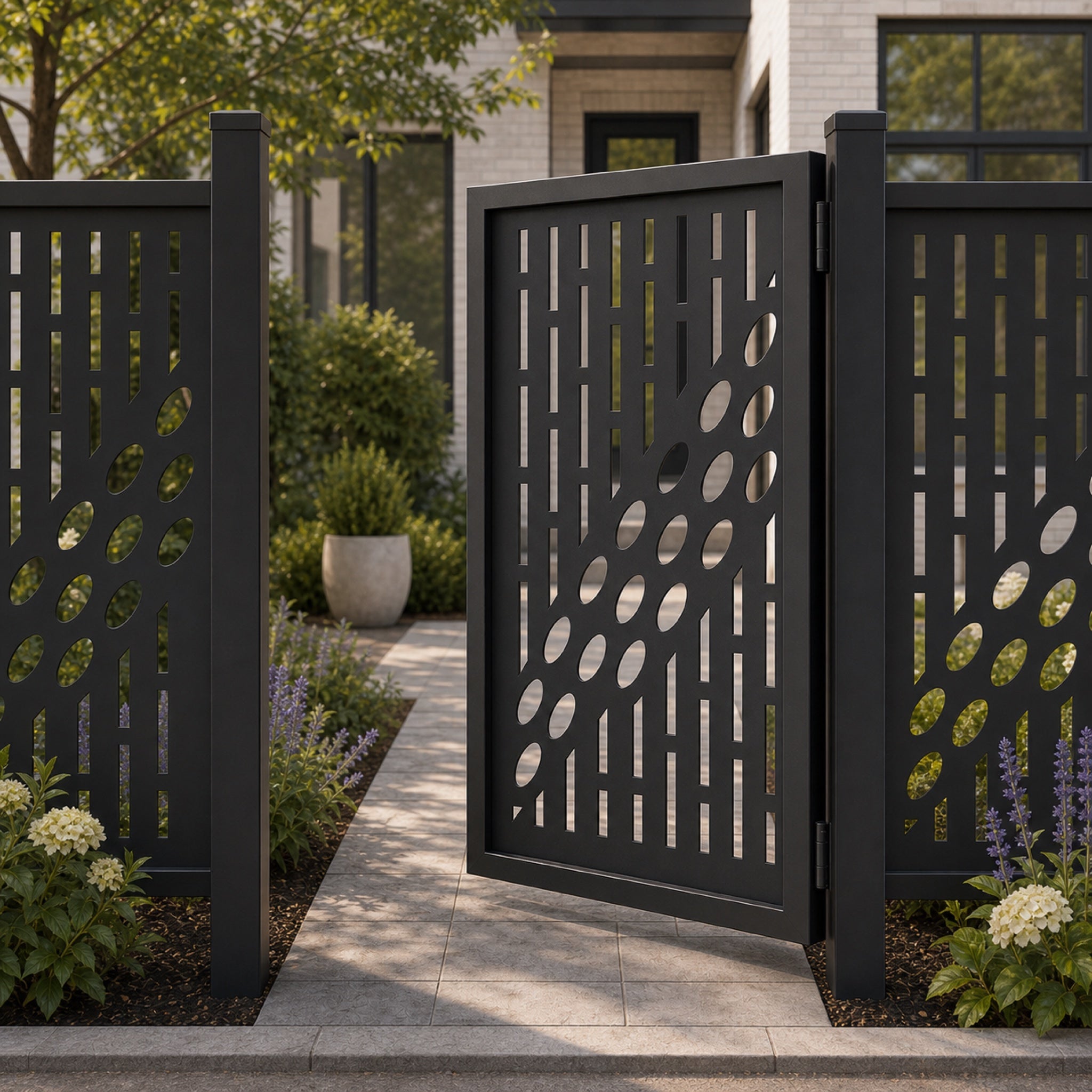 Design 017 offset vertical oval black aluminium side gate open view