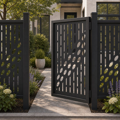 Design 017 offset vertical oval black aluminium side gate open view