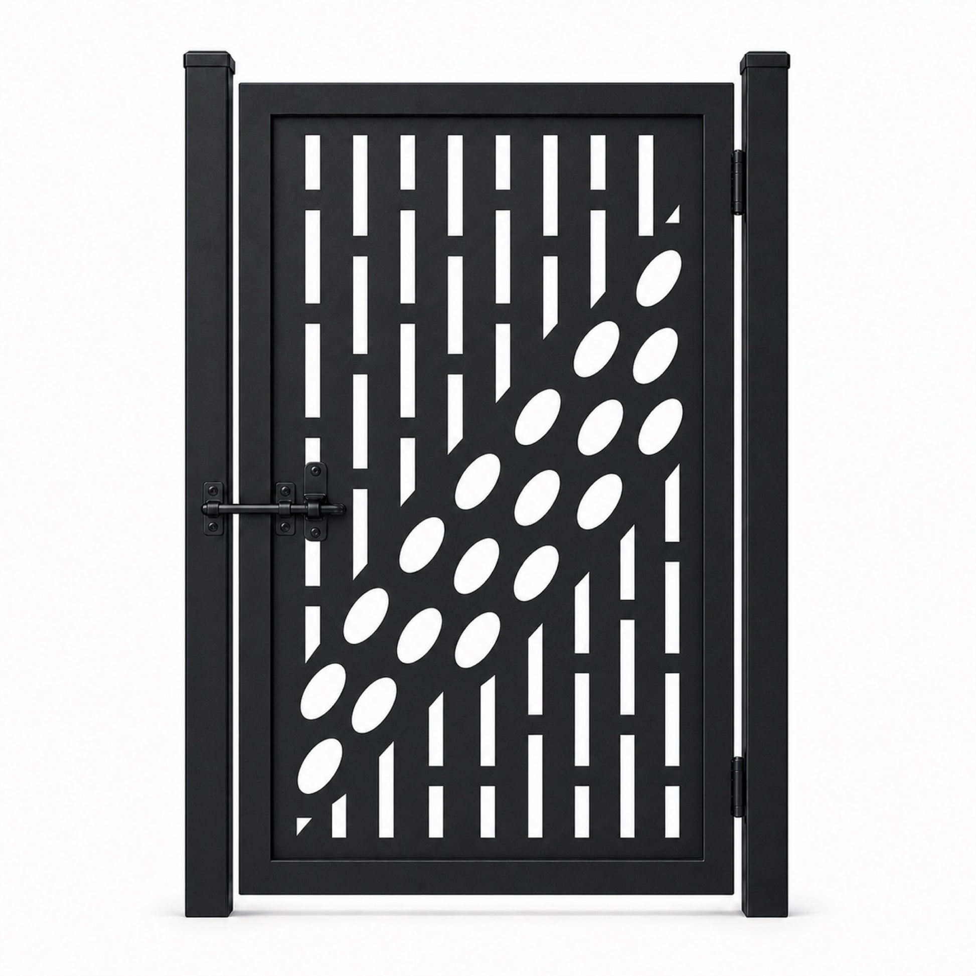 Design 017 offset vertical oval black laser cut metal pedestrian gate closed view