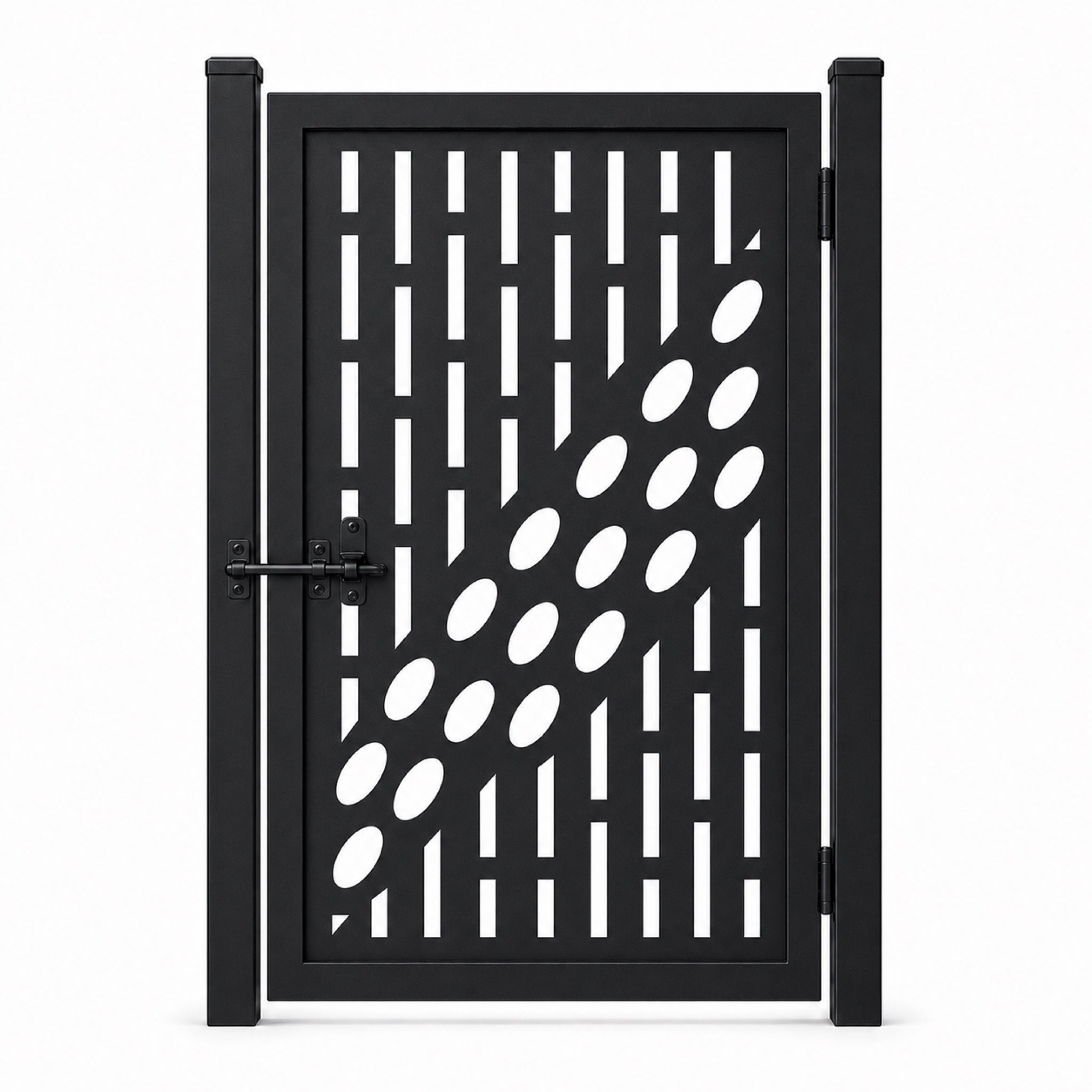 Design 017 offset vertical oval black laser cut metal pedestrian gate closed view