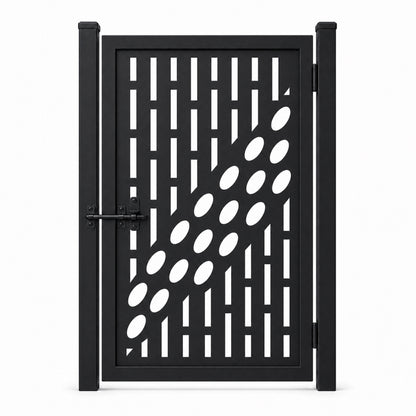 Design 017 offset vertical oval black laser cut metal pedestrian gate closed view