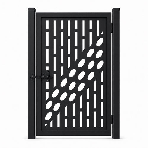 Design 017 offset vertical oval black laser cut metal pedestrian gate closed view