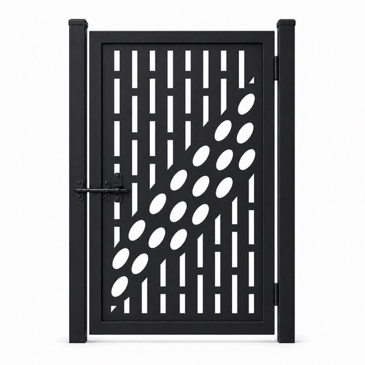 Design 017 offset vertical oval black laser cut metal pedestrian gate closed view