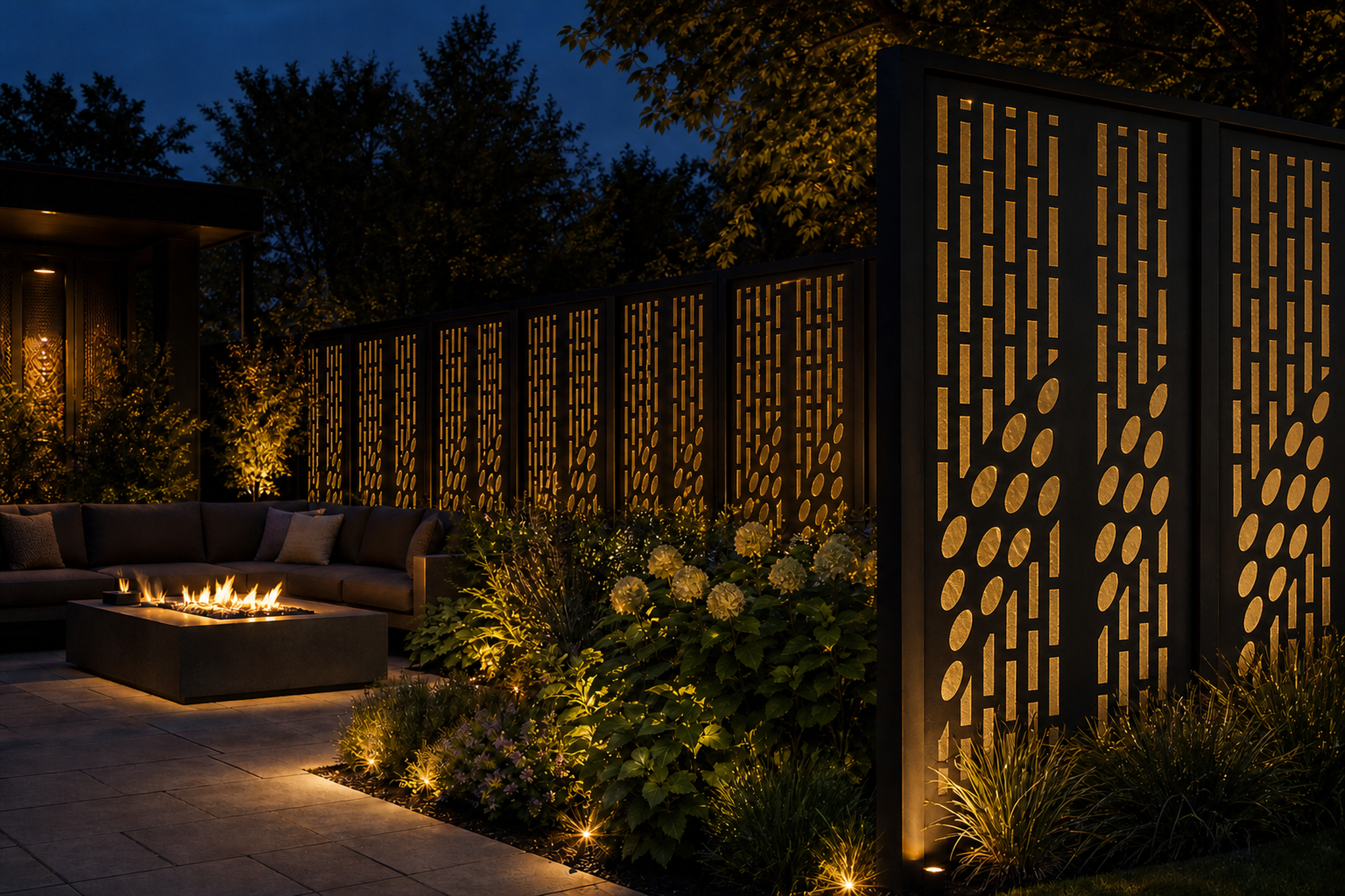 Design 017 Pebble Stripe Laser Cut Metal Privacy Screen Panel installed garden night lighting view