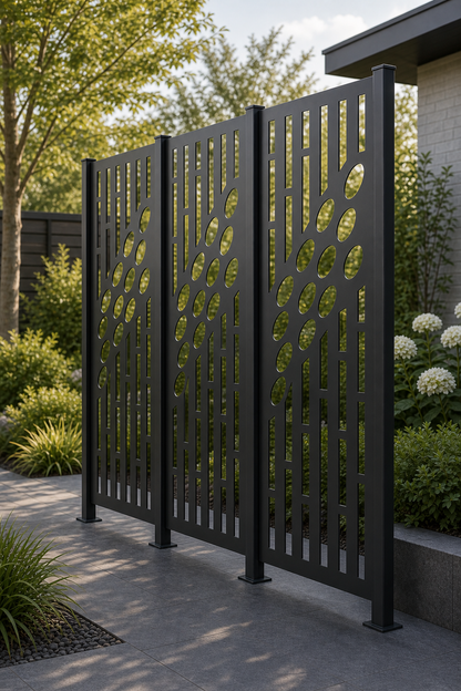 Design 017 Pebble Stripe Laser Cut Metal Privacy Screen Panel oblique angle view