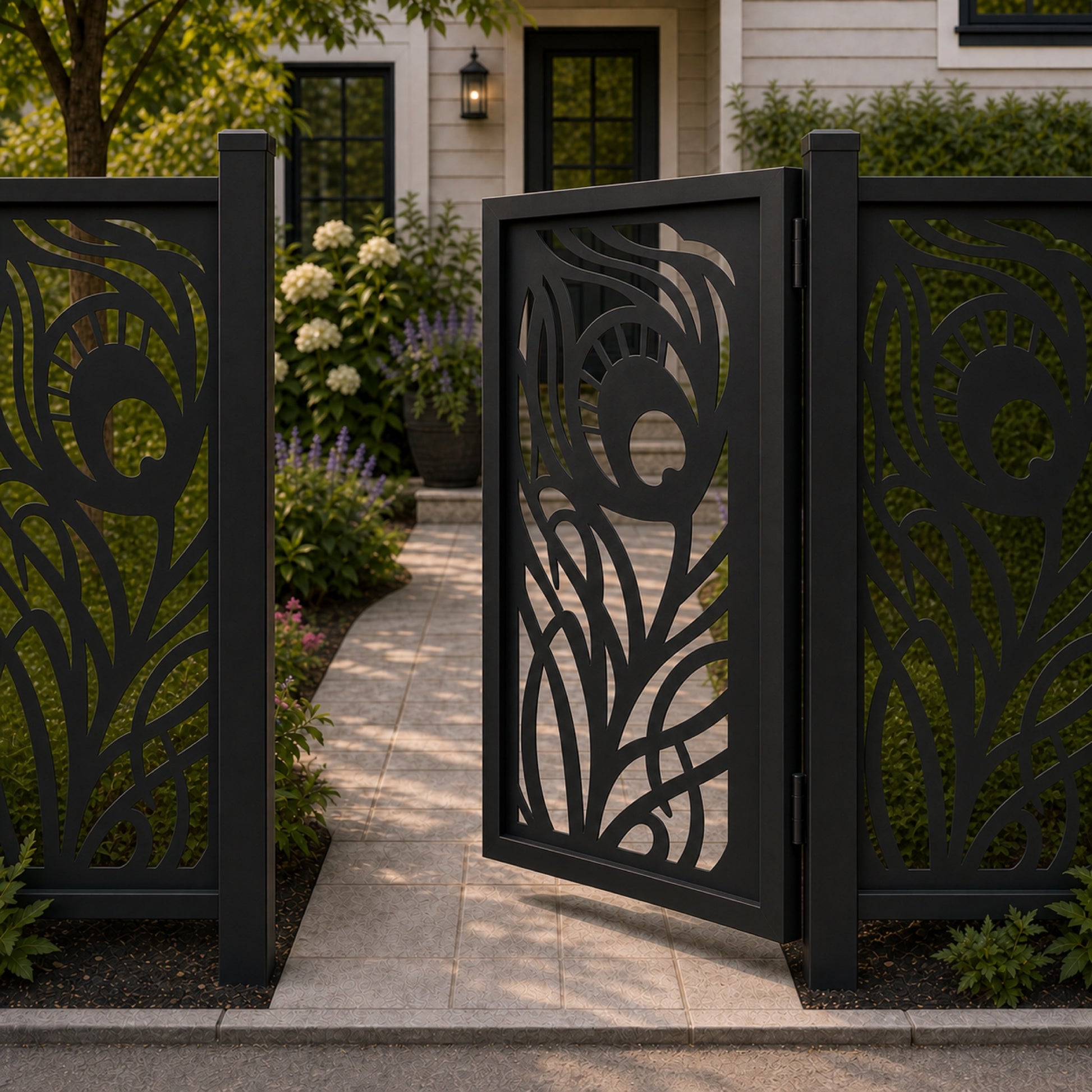 Design 018 feather leaf flowline black aluminium side gate open view