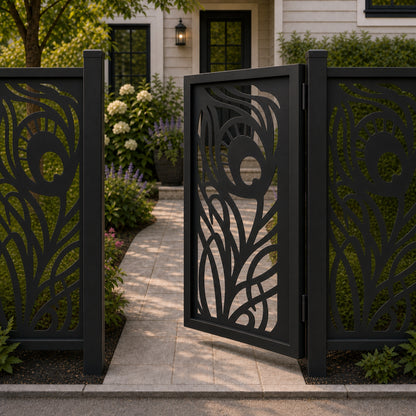 Design 018 feather leaf flowline black aluminium side gate open view