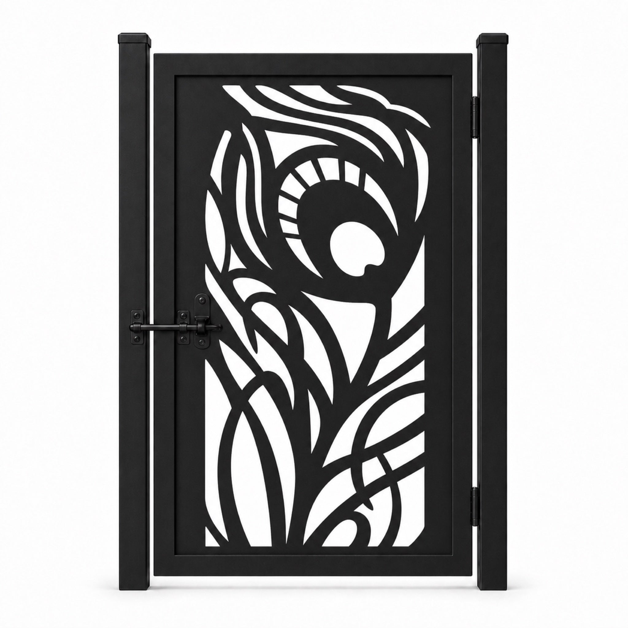 Design 018 feather leaf flowline black laser cut metal pedestrian gate closed view