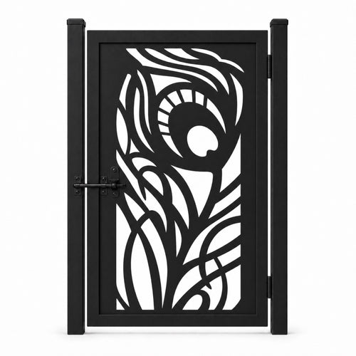 Design 018 feather leaf flowline black laser cut metal pedestrian gate closed view