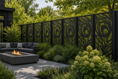 Design 018 Peacock Feather Laser Cut Metal Privacy Screen Panel installed garden daylight view