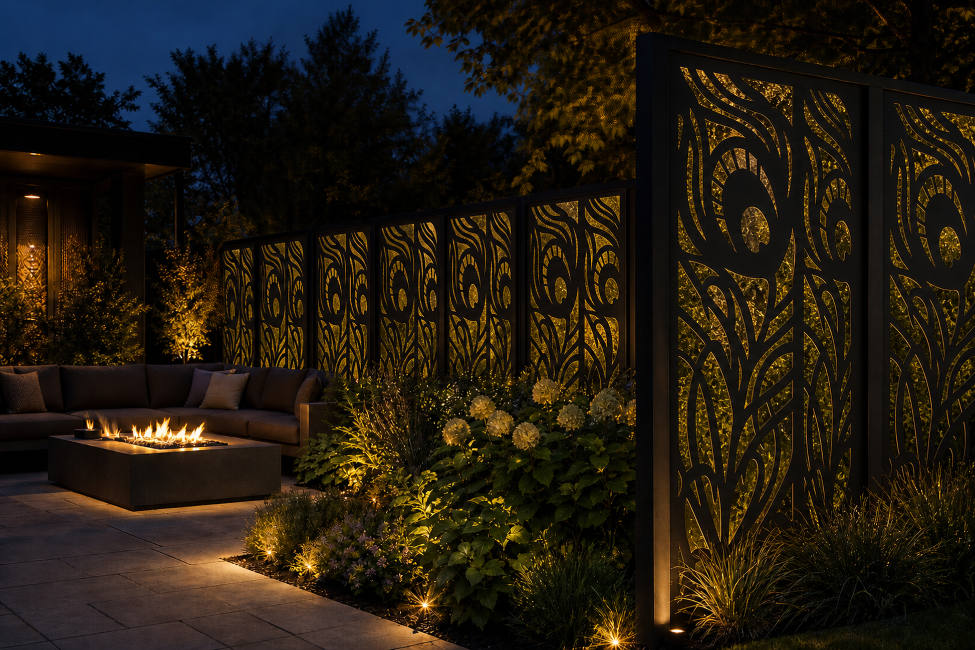 Design 018 Peacock Feather Laser Cut Metal Privacy Screen Panel installed garden night lighting view