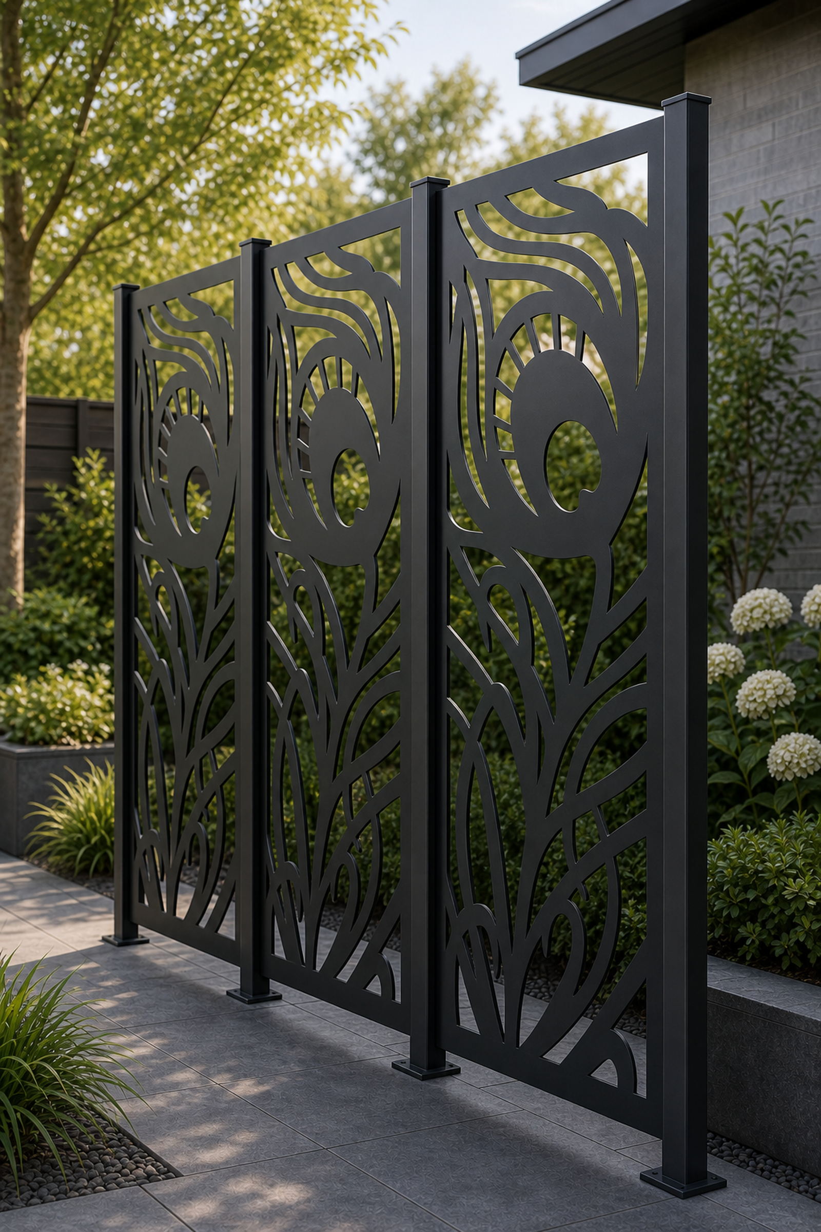 Design 018 Peacock Feather Laser Cut Metal Privacy Screen Panel oblique angle view