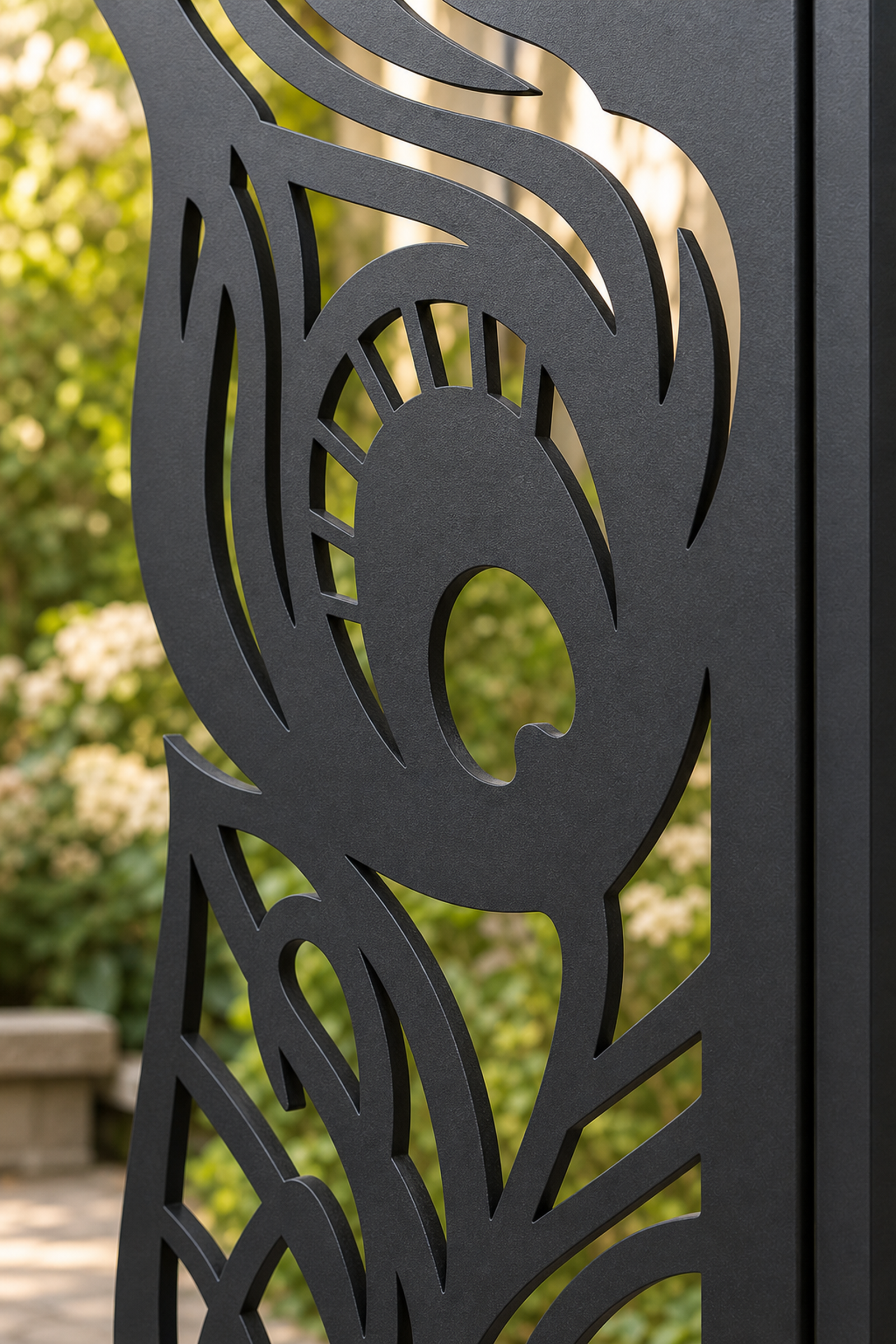 Design 018 Peacock Feather Laser Cut Metal Privacy Screen Panel close-up detail view