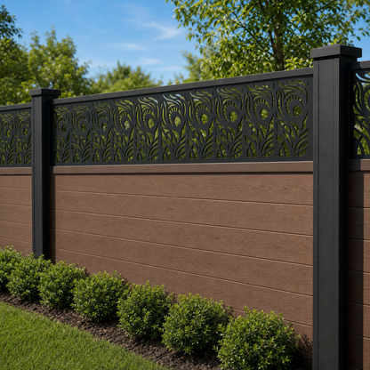 Spiral Vine Scroll laser cut fence extension panel installed on composite fence, angle view, Design 018
