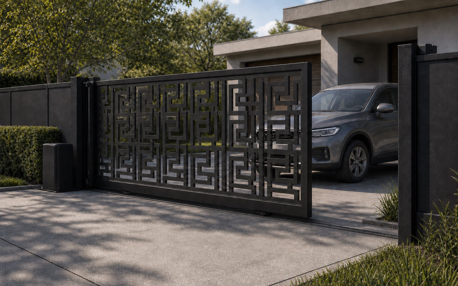 Design 019 architectural privacy automatic aluminium sliding driveway gate shown half open with car clearance