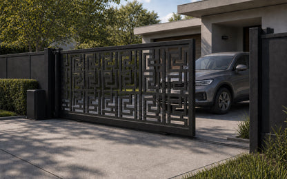 Design 019 architectural privacy automatic aluminium sliding driveway gate shown half open with car clearance