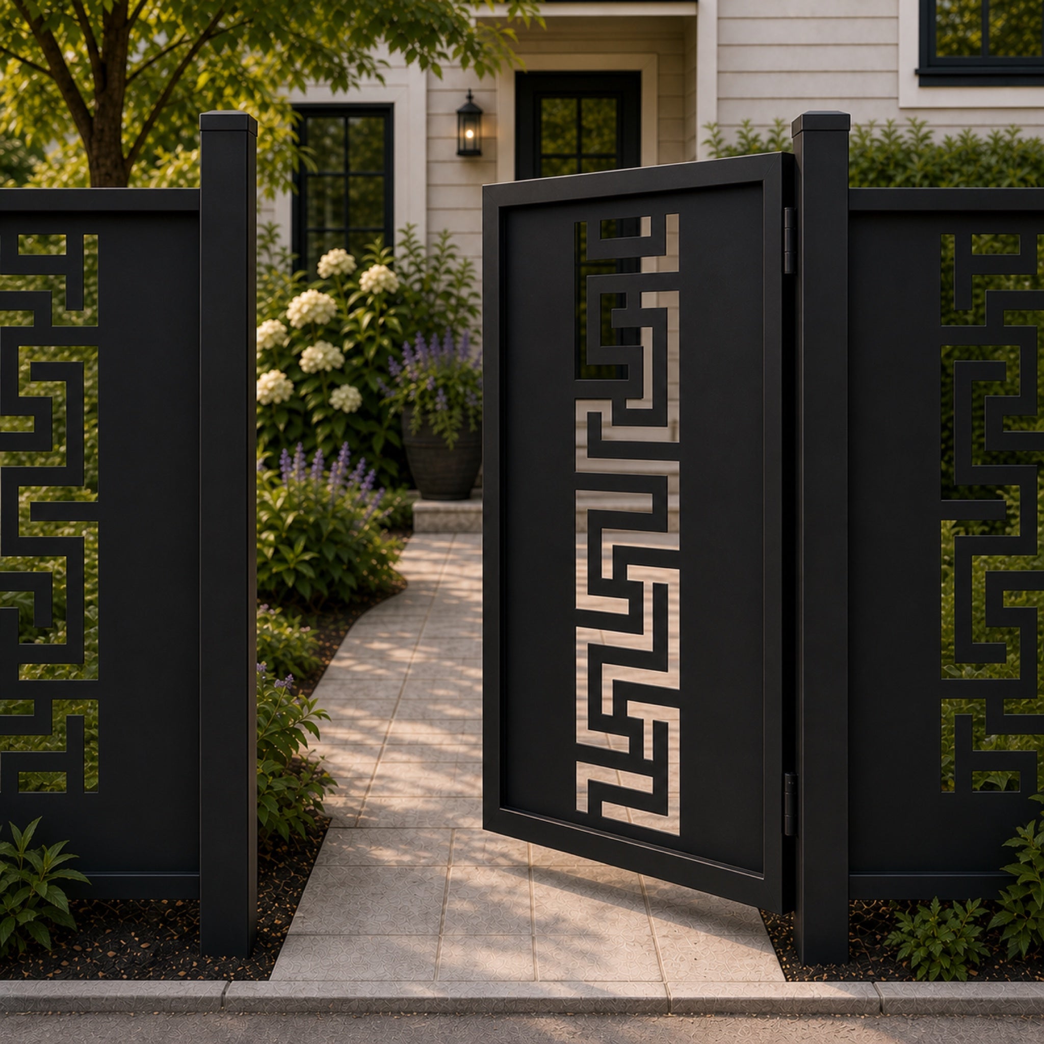Design 019 greek key black aluminium side gate open view