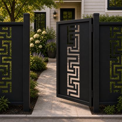 Design 019 greek key black aluminium side gate open view