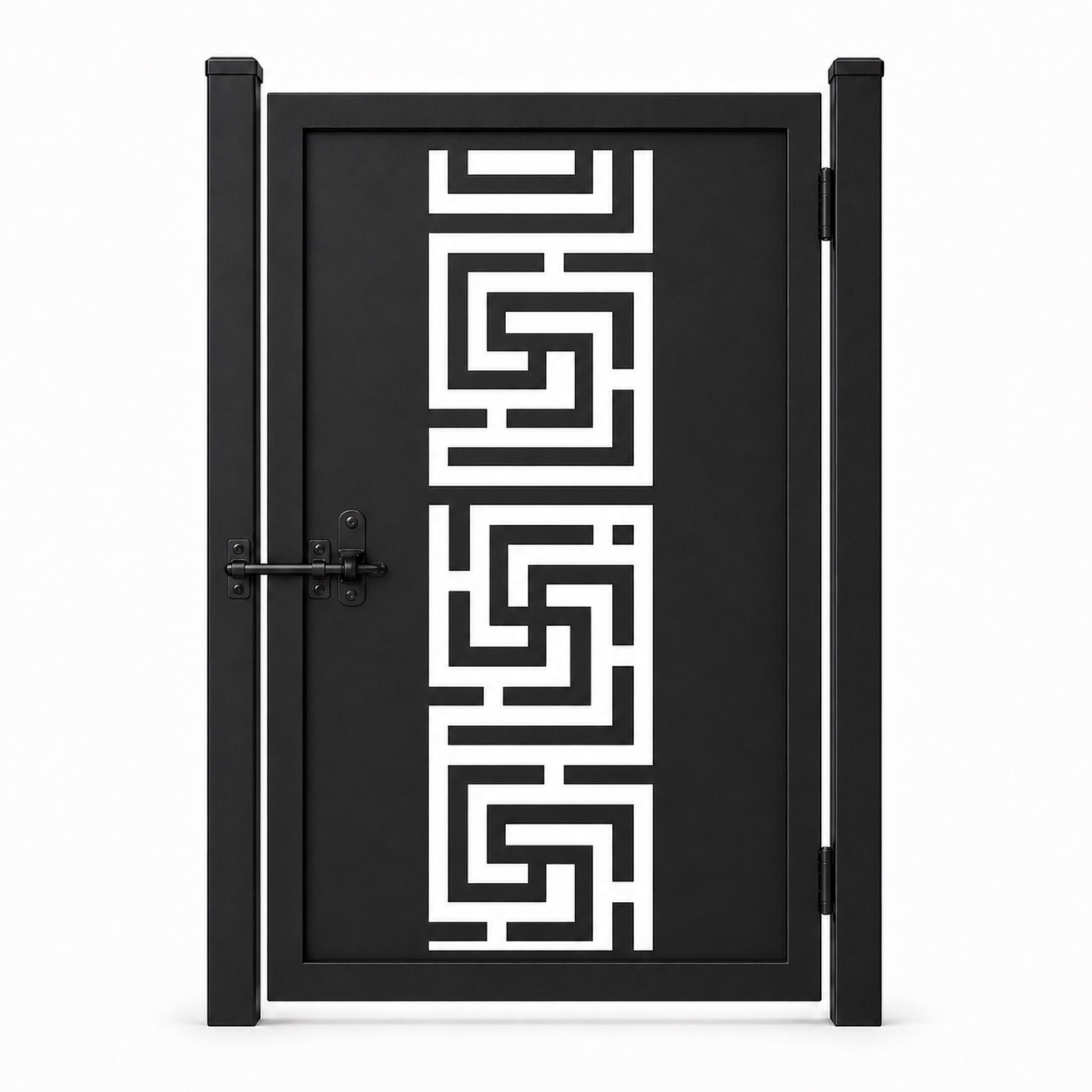 Design 019 greek key black laser cut metal pedestrian gate closed view