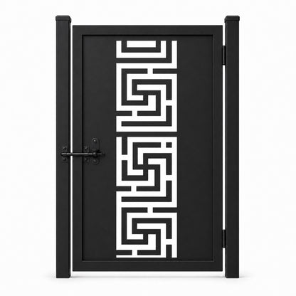 Design 019 greek key black laser cut metal pedestrian gate closed view