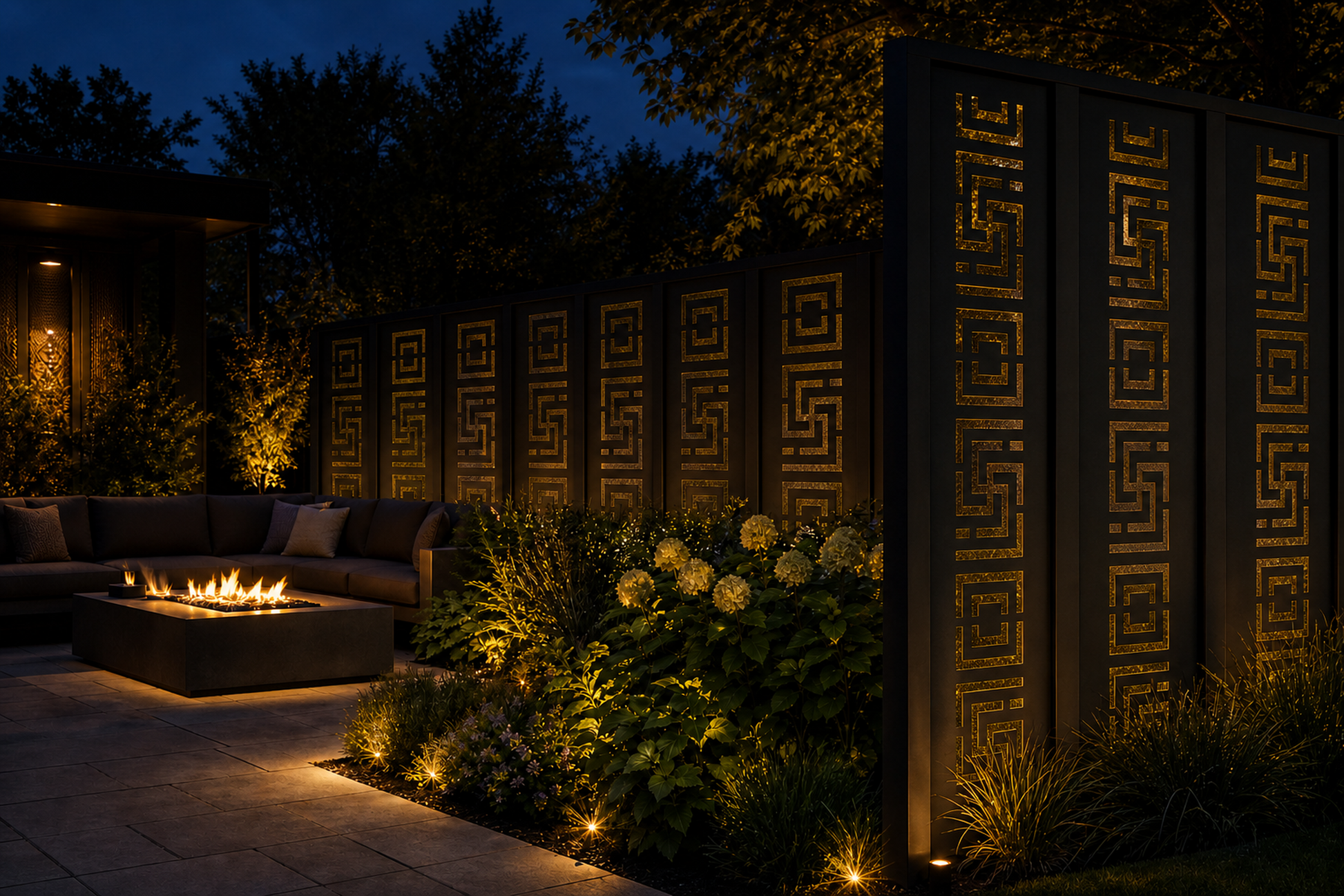 Design 019 Greek Key Maze Laser Cut Metal Privacy Screen Panel installed garden night lighting view