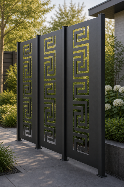 Design 019 Greek Key Maze Laser Cut Metal Privacy Screen Panel oblique angle view