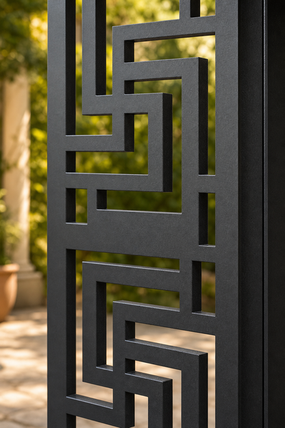 Design 019 Greek Key Maze Laser Cut Metal Privacy Screen Panel close-up detail view