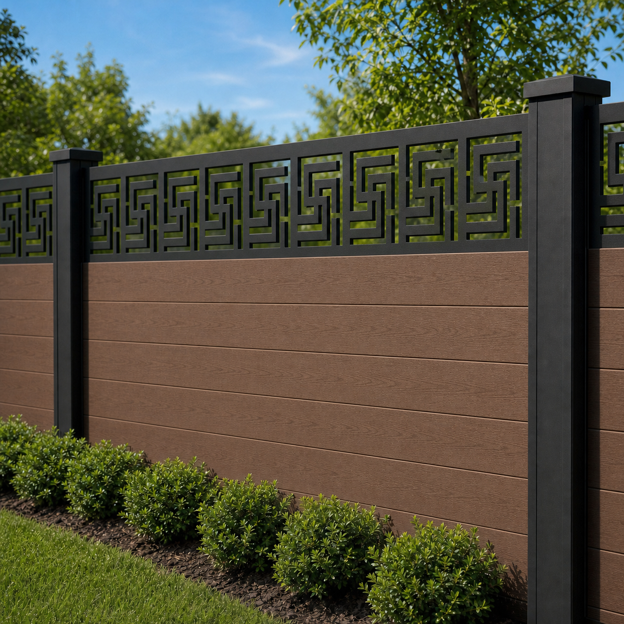 Square Chain Link laser cut fence extension panel installed on composite fence, angle view, Design 019