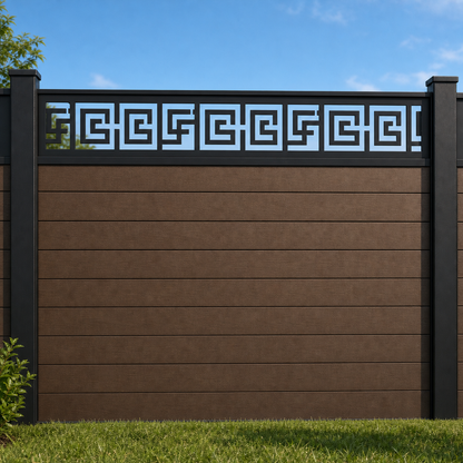 Square Chain Link metal fence topper installed above WPC composite privacy fence, front view, Design 019