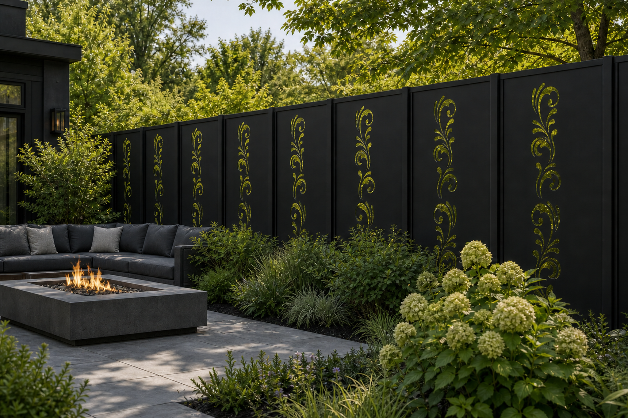 Design 020 Floral Scroll Border Laser Cut Metal Privacy Screen Panel installed garden daylight view