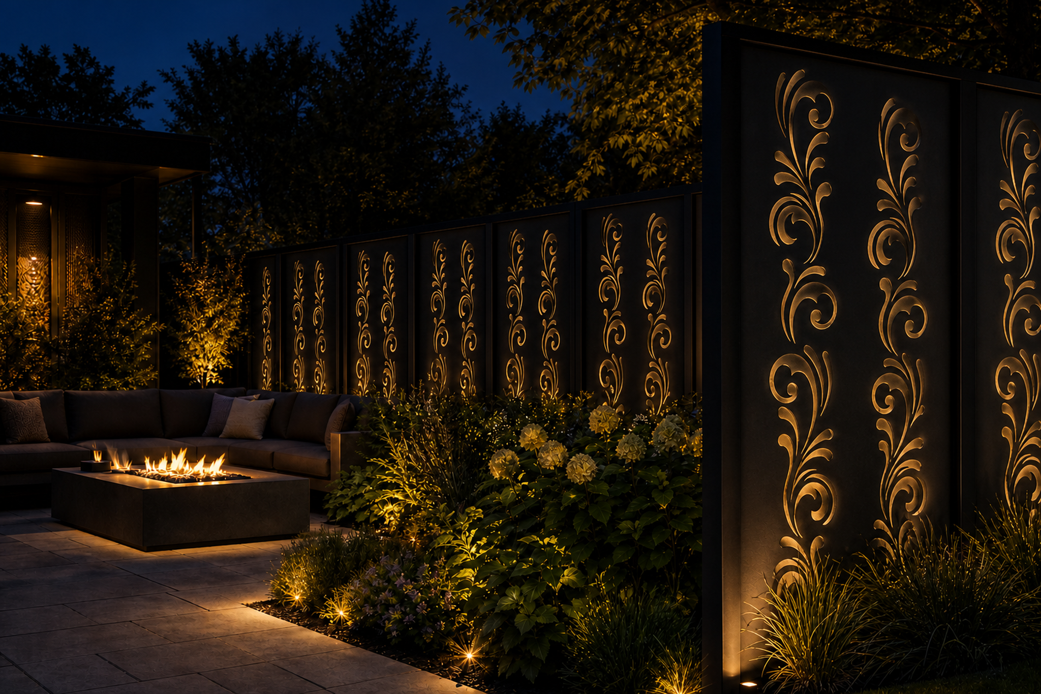 Design 020 Floral Scroll Border Laser Cut Metal Privacy Screen Panel installed garden night lighting view