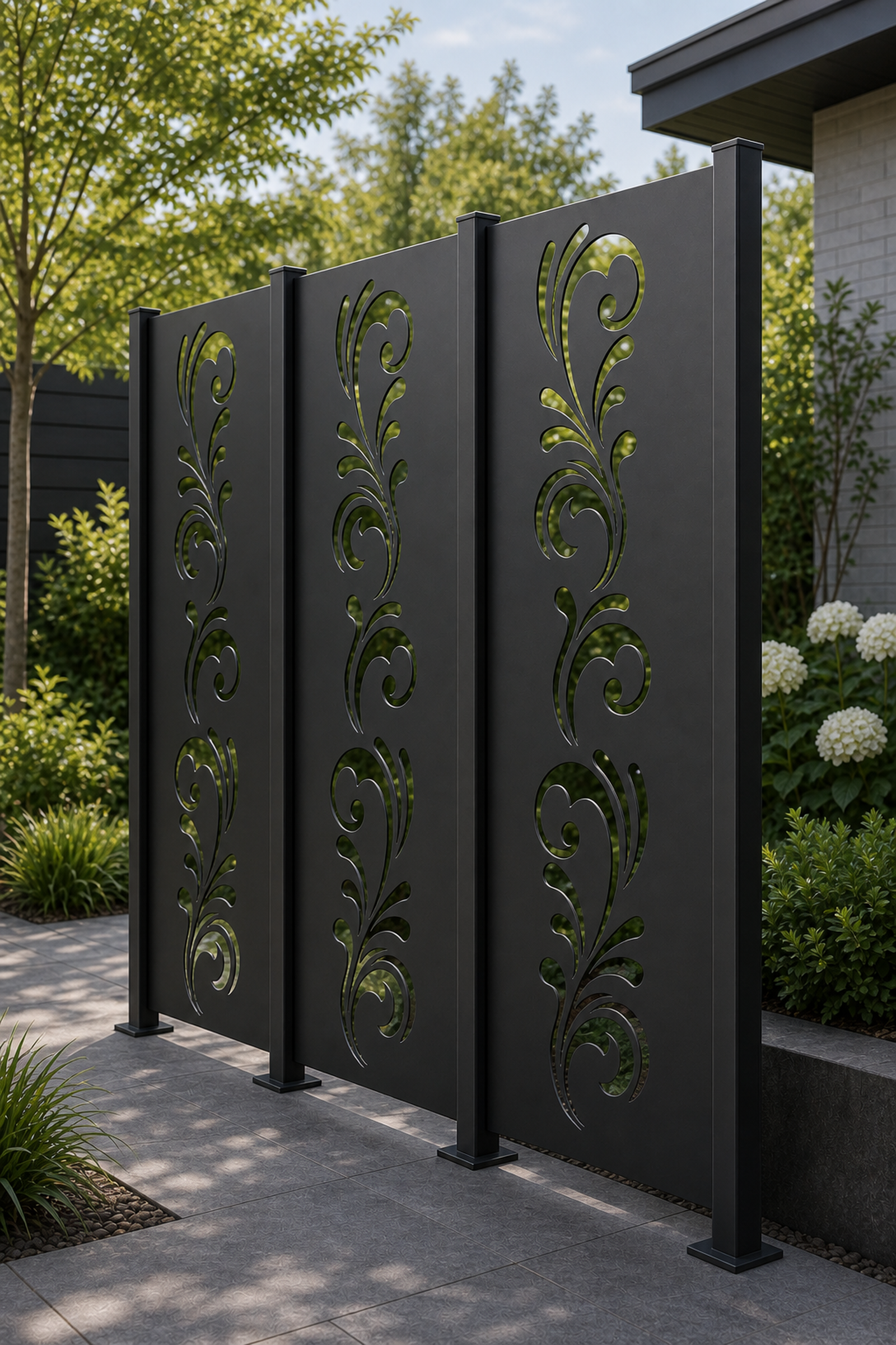 Design 020 Floral Scroll Border Laser Cut Metal Privacy Screen Panel oblique angle view