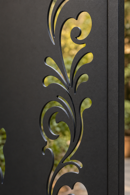 Design 020 Floral Scroll Border Laser Cut Metal Privacy Screen Panel close-up detail view