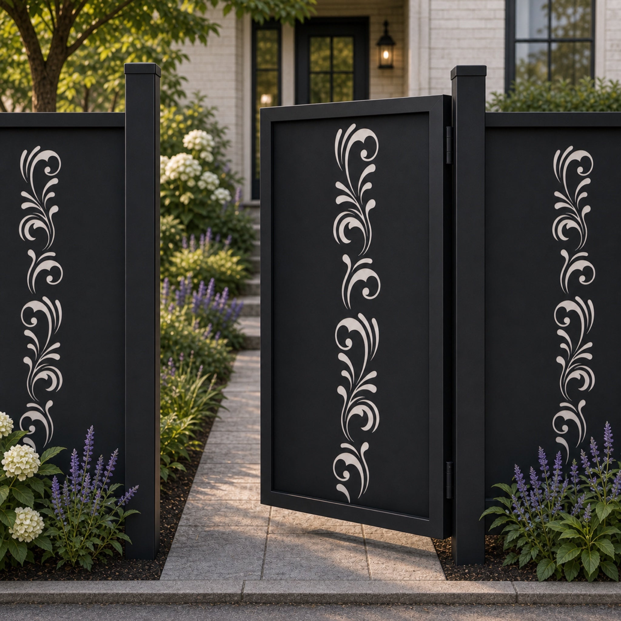 Design 020 narrow vertical scrollwork black aluminium side gate open view