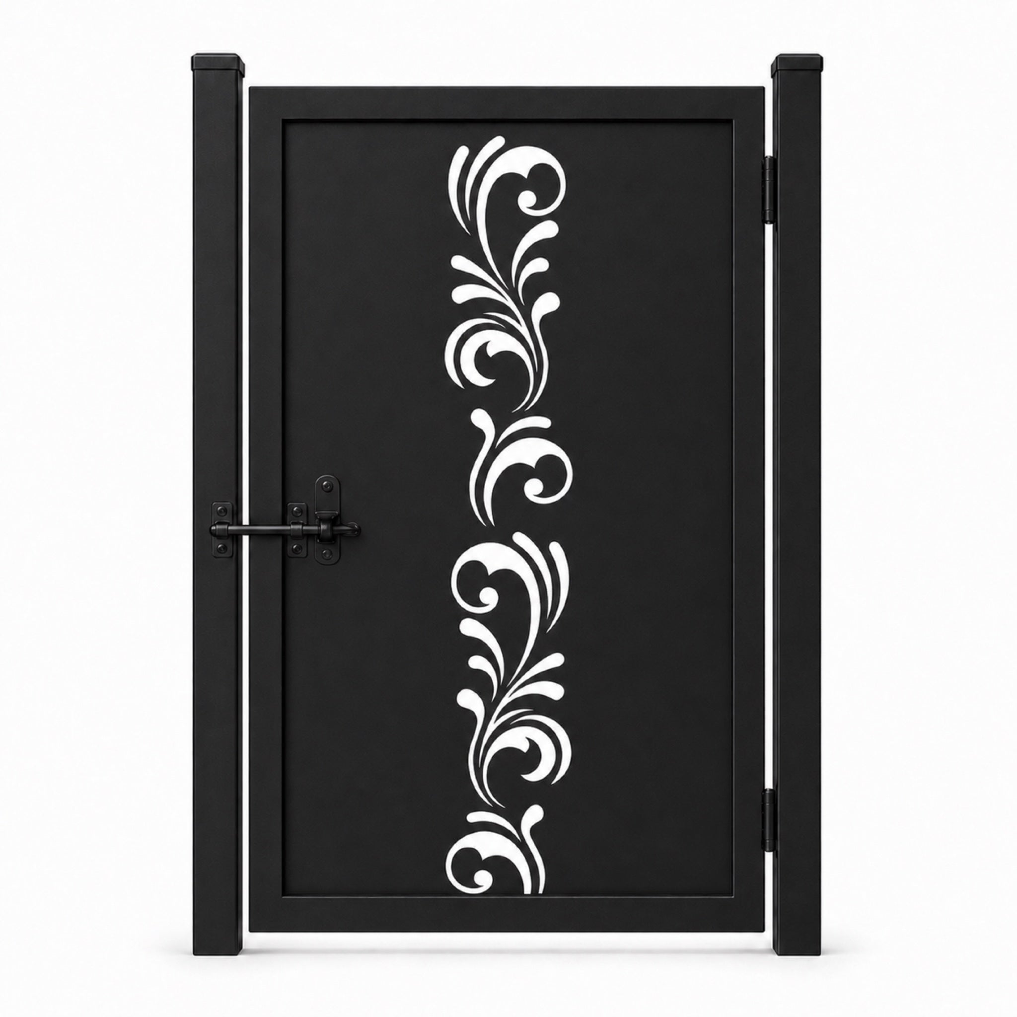 Design 020 narrow vertical scrollwork black laser cut metal pedestrian gate closed view