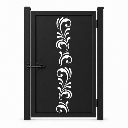 Design 020 narrow vertical scrollwork black laser cut metal pedestrian gate closed view