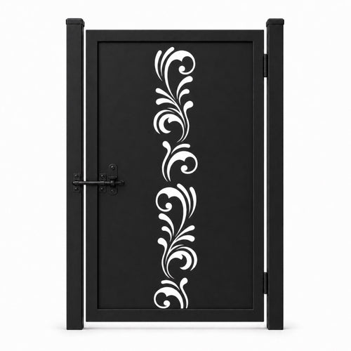 Design 020 narrow vertical scrollwork black laser cut metal pedestrian gate closed view