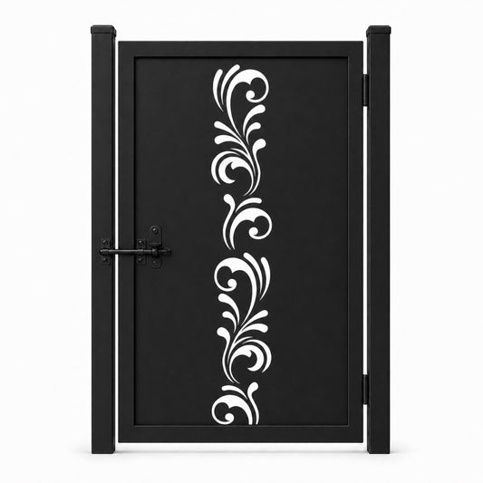 Design 020 narrow vertical scrollwork black laser cut metal pedestrian gate closed view