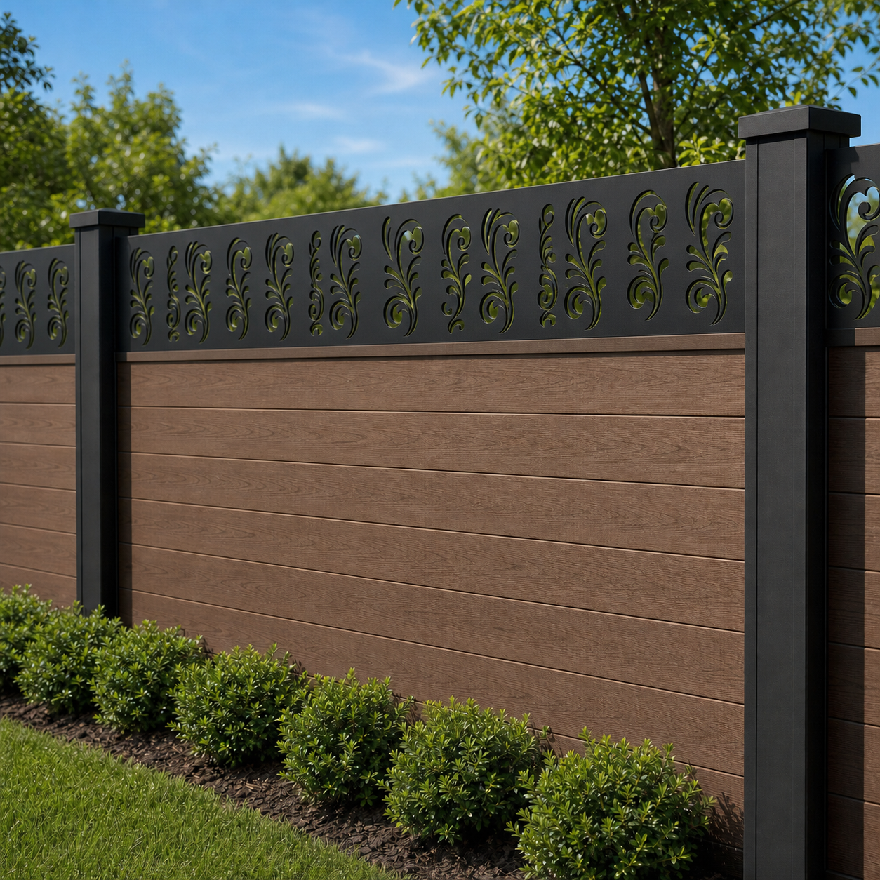 Split Leaf Column laser cut fence extension panel installed on composite fence, angle view, Design 020