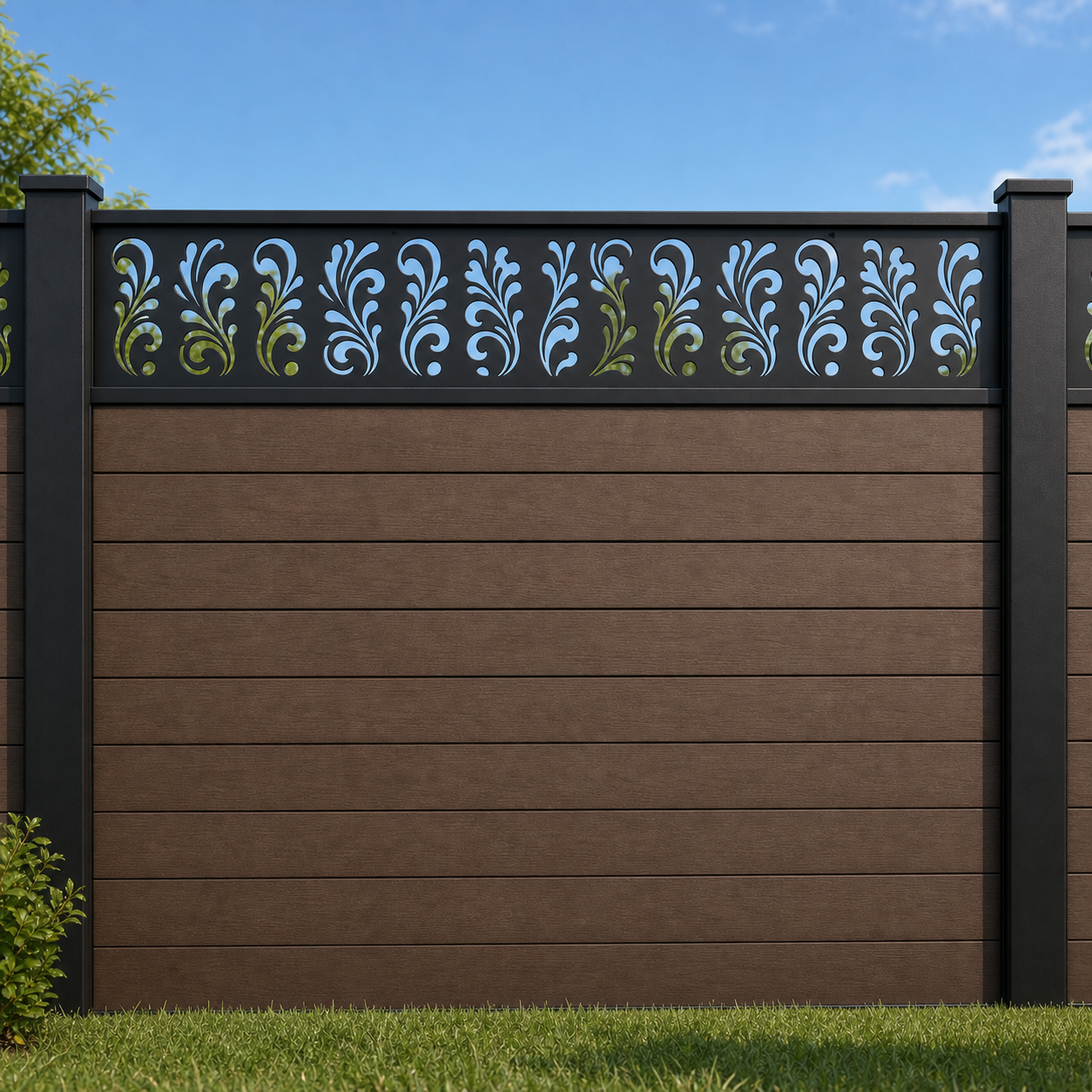 Split Leaf Column metal fence topper installed above WPC composite privacy fence, front view, Design 020