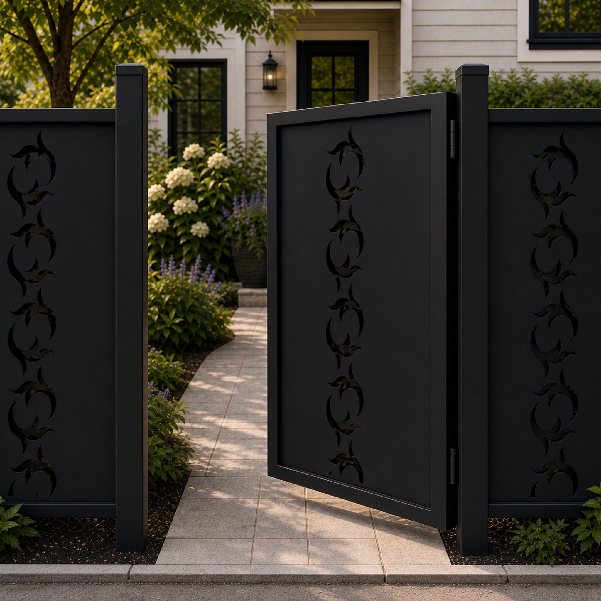 Design 021 flame spiral leaf black aluminium side gate open view