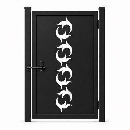 Design 021 flame spiral leaf black laser cut metal pedestrian gate closed view