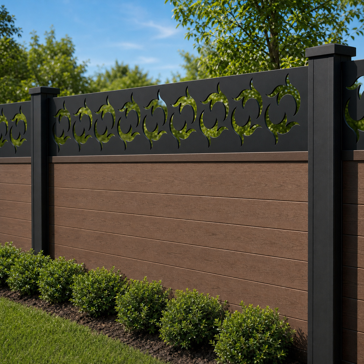 Rolling Leaf Wave laser cut fence extension panel installed on composite fence, angle view, Design 021