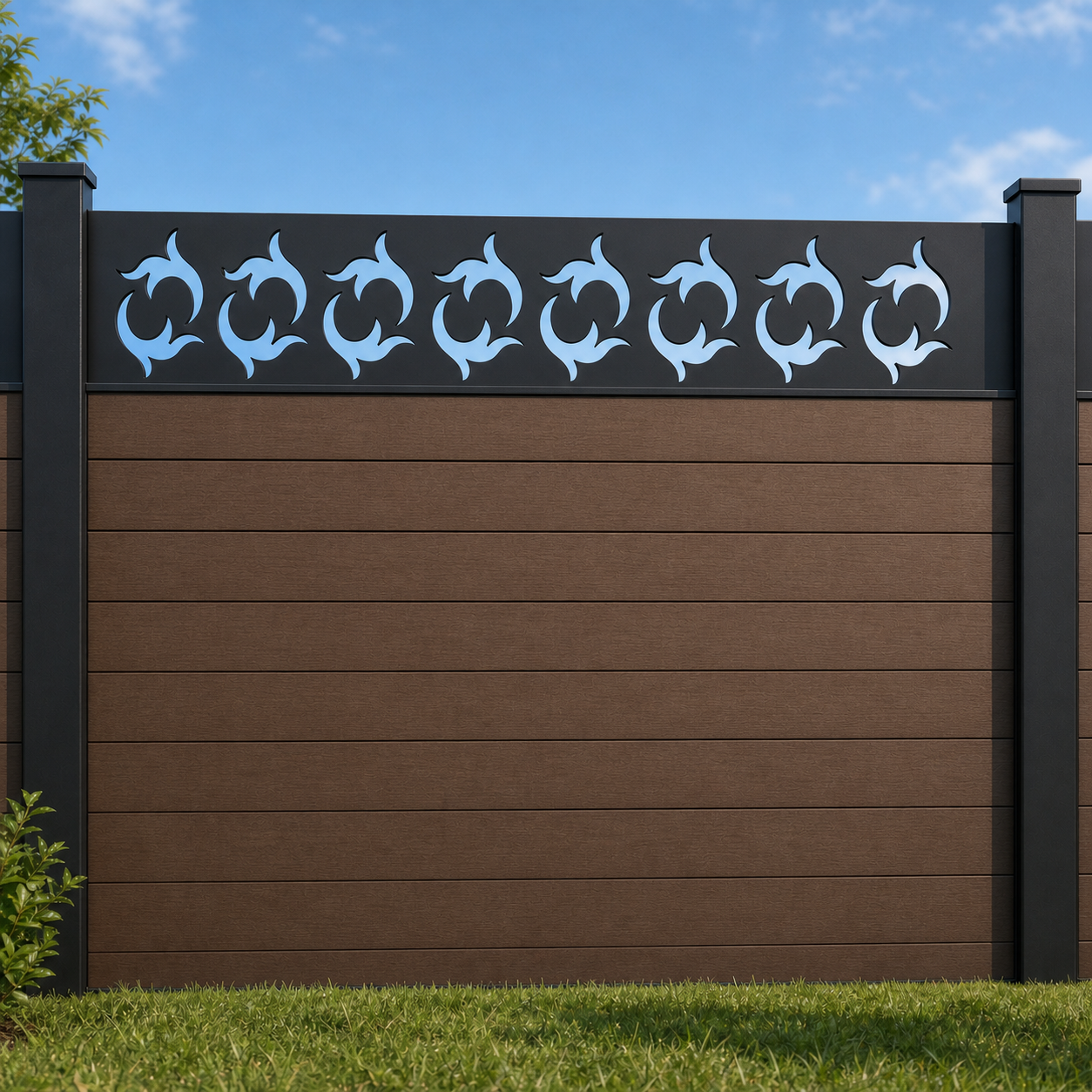 Rolling Leaf Wave metal fence topper installed above WPC composite privacy fence, front view, Design 021