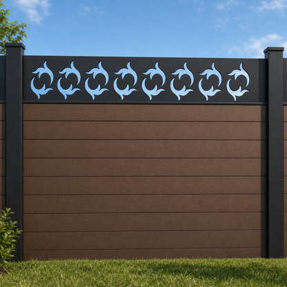 Rolling Leaf Wave metal fence topper installed above WPC composite privacy fence, front view, Design 021