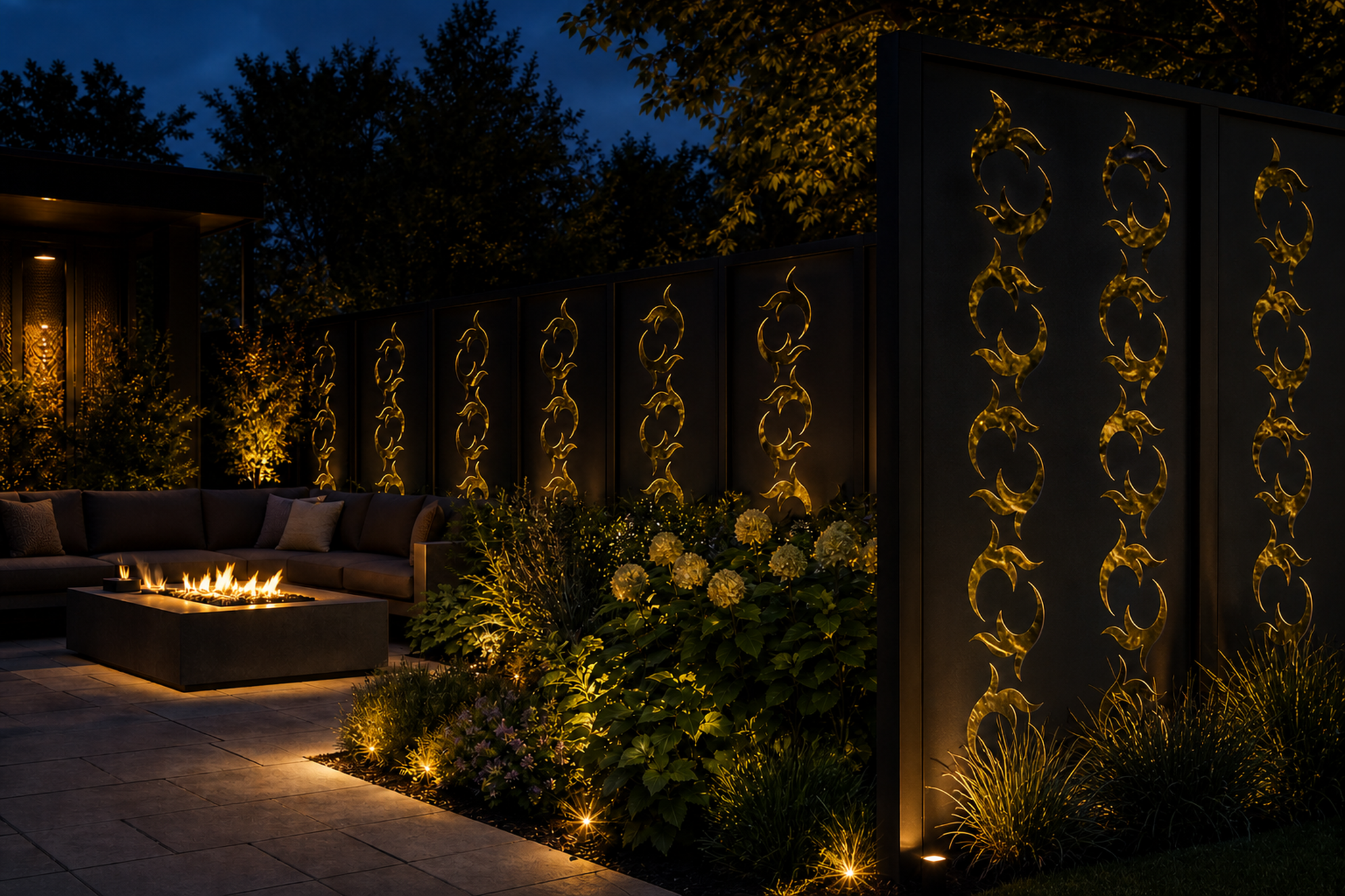 Design 021 Spinning Leaf Laser Cut Metal Privacy Screen Panel installed garden night lighting view