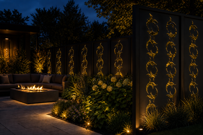 Design 021 Spinning Leaf Laser Cut Metal Privacy Screen Panel installed garden night lighting view
